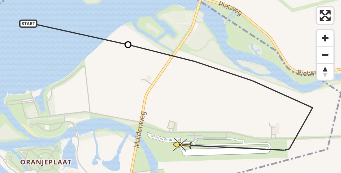 Routekaart van de vlucht: Kustwachthelikopter naar Vliegveld Midden-Zeeland, Muidenweg