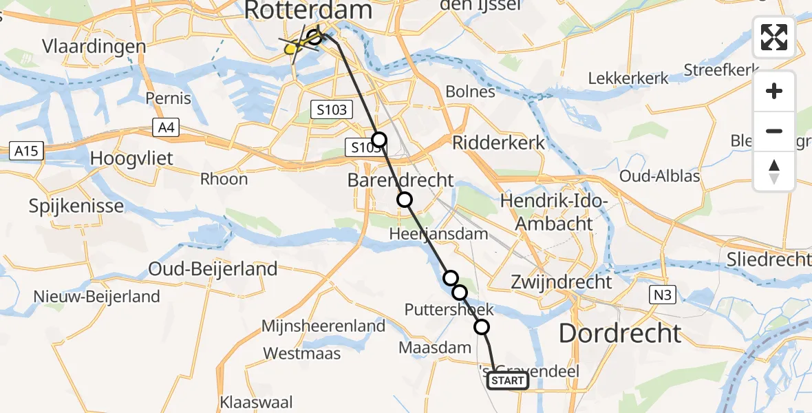 Routekaart van de vlucht: Lifeliner 2 naar Erasmus MC, Ringdijkwatering