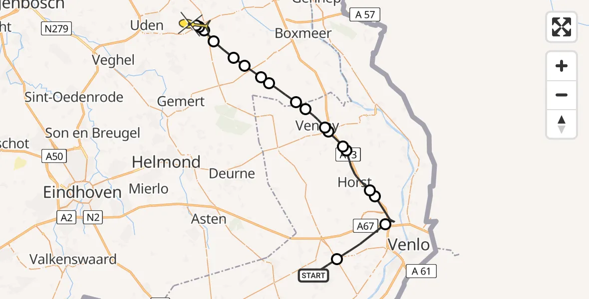 Routekaart van de vlucht: Politieheli naar Volkel, Loosteeg