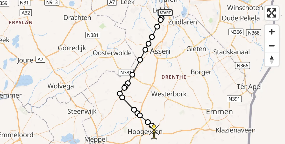 Routekaart van de vlucht: Lifeliner 4 naar Vliegveld Hoogeveen, Homsteeg