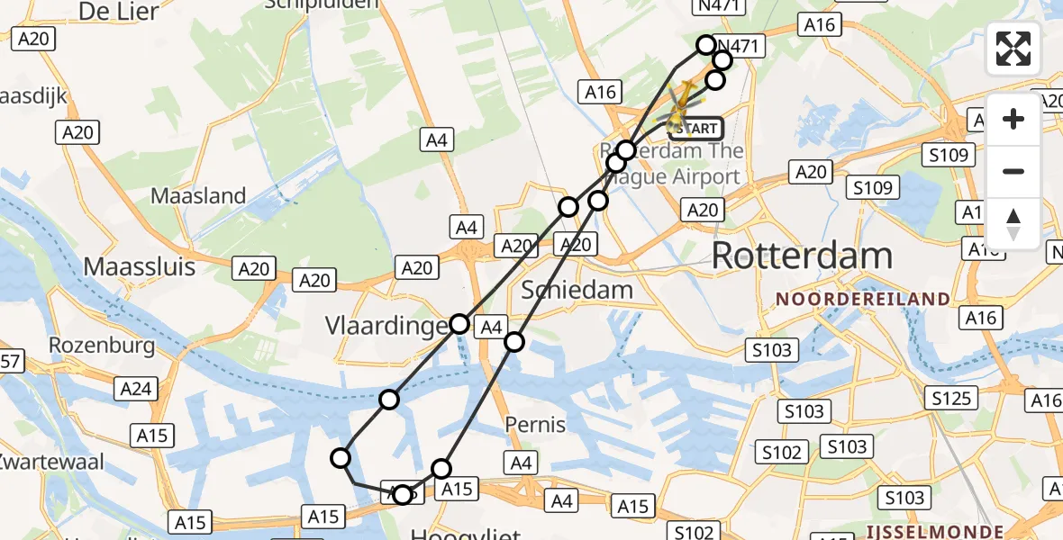 Vluchtroute Traumahelikopter Rotterdam The Hague Airport - Rotterdam The Hague Airport, 01 januari 2025, 01:55