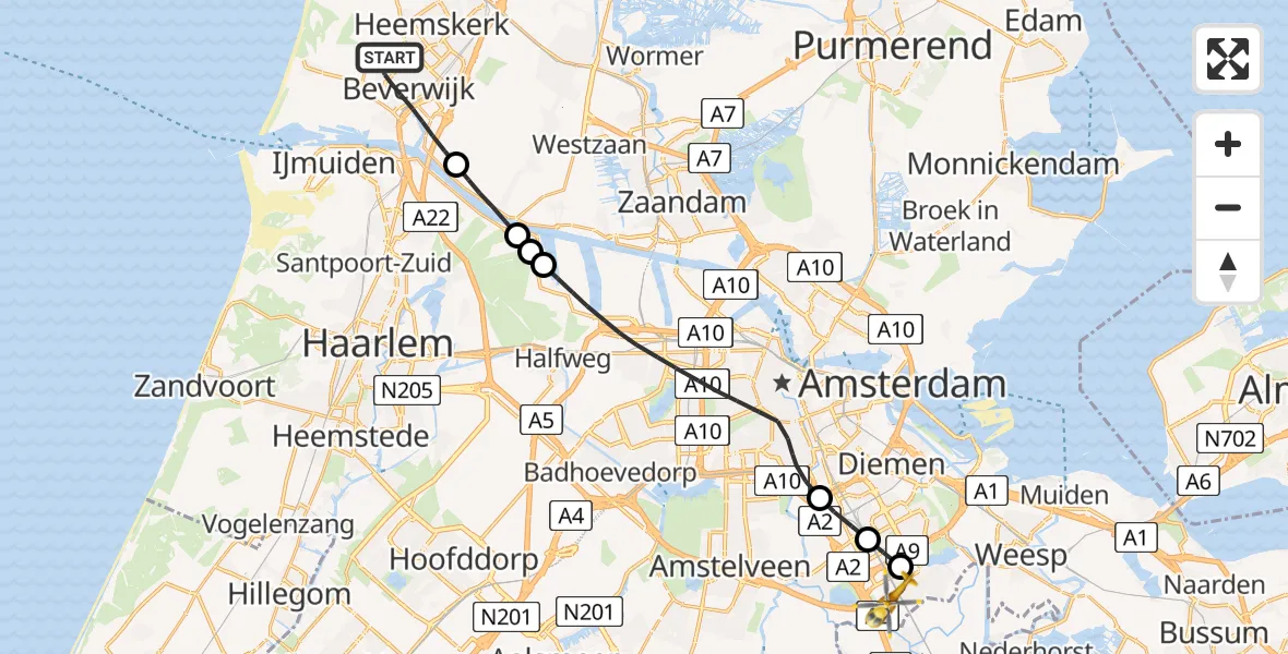 Vluchtroute Traumahelikopter Beverwijk - Academisch Medisch Centrum (AMC), 01 januari 2025, 03:27