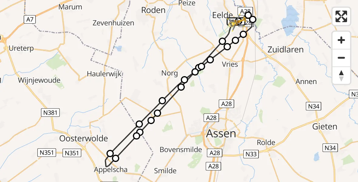 Vluchtroute Traumahelikopter Groningen Airport Eelde - Groningen Airport Eelde, 01 januari 2025, 05:18