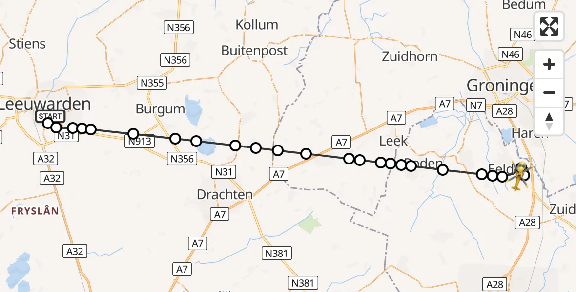 Vluchtroute Traumahelikopter Leeuwarden - Groningen Airport Eelde, 01 januari 2025, 07:13