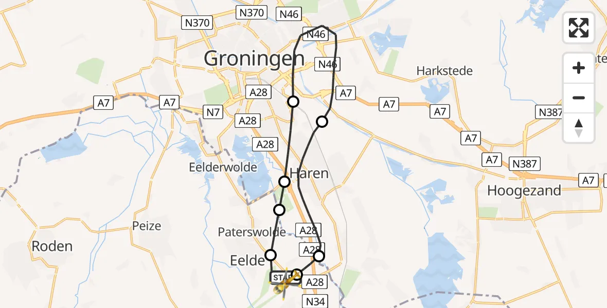 Vluchtroute Traumahelikopter Groningen Airport Eelde - Groningen Airport Eelde, 01 januari 2025, 08:28