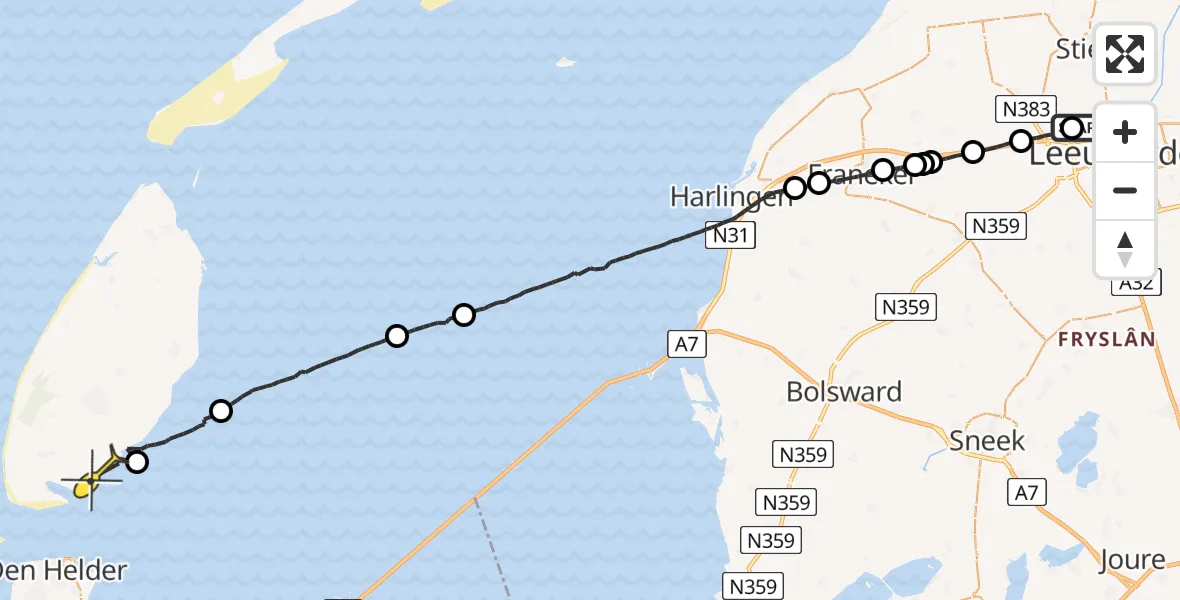 Routekaart van de vlucht: Ambulancehelikopter naar Den Hoorn, Ljouwerterdyk