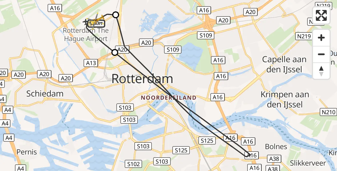 Vluchtroute Traumahelikopter Rotterdam The Hague Airport - Rotterdam The Hague Airport, 01 januari 2025, 10:36