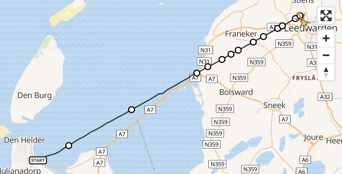 Vluchtroute Ambulancehelikopter Den Helder - Vliegbasis Leeuwarden, 01 januari 2025, 11:49