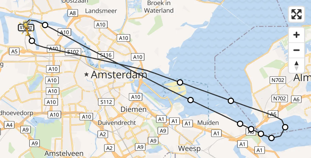 Vluchtroute Traumahelikopter van Amsterdam Heliport naar Amsterdam Heliport