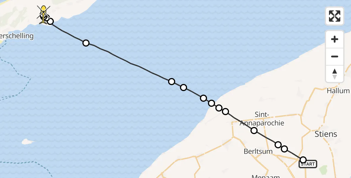 Routekaart van de vlucht: Ambulancehelikopter naar Midsland, Dyksterhuzen