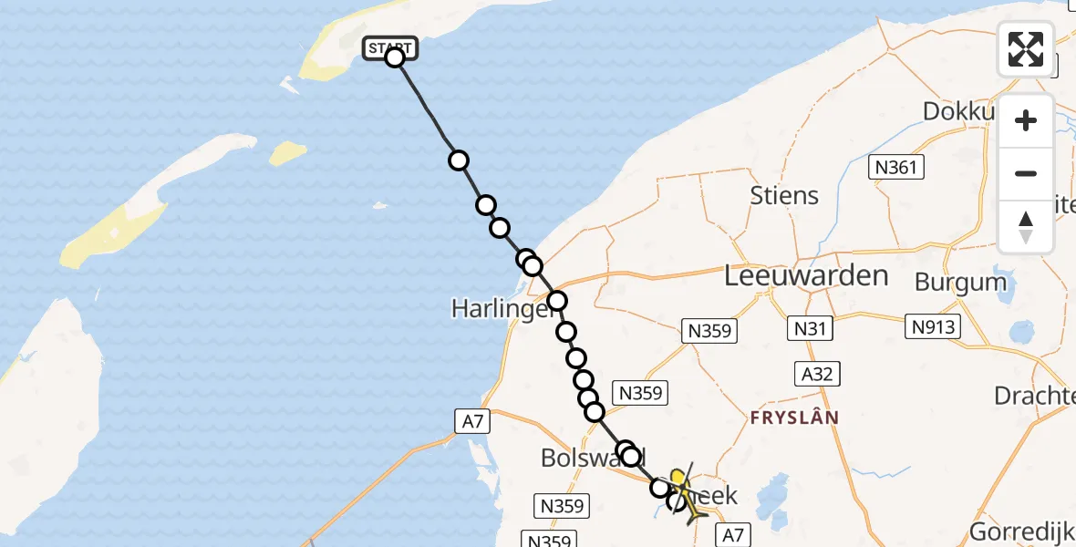 Routekaart van de vlucht: Ambulancehelikopter naar Sneek, Doodemanshoek