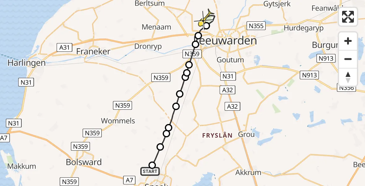 Routekaart van de vlucht: Ambulanceheli naar Vliegbasis Leeuwarden, Ivige Leane