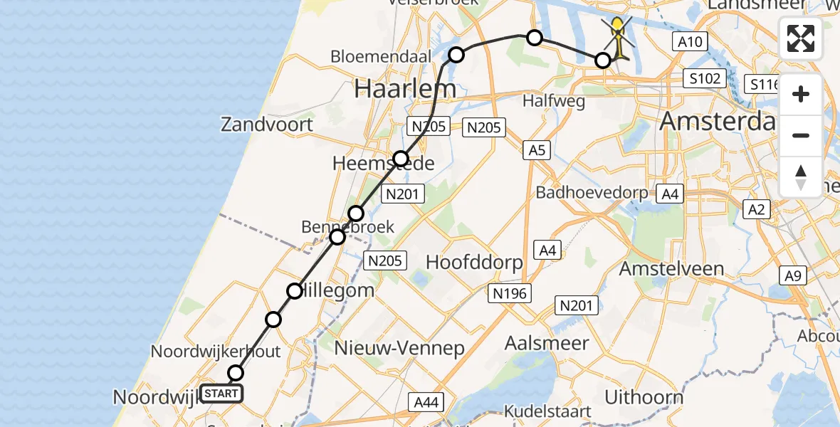 Routekaart van de vlucht: Lifeliner 1 naar Amsterdam Heliport, Leidsevaart