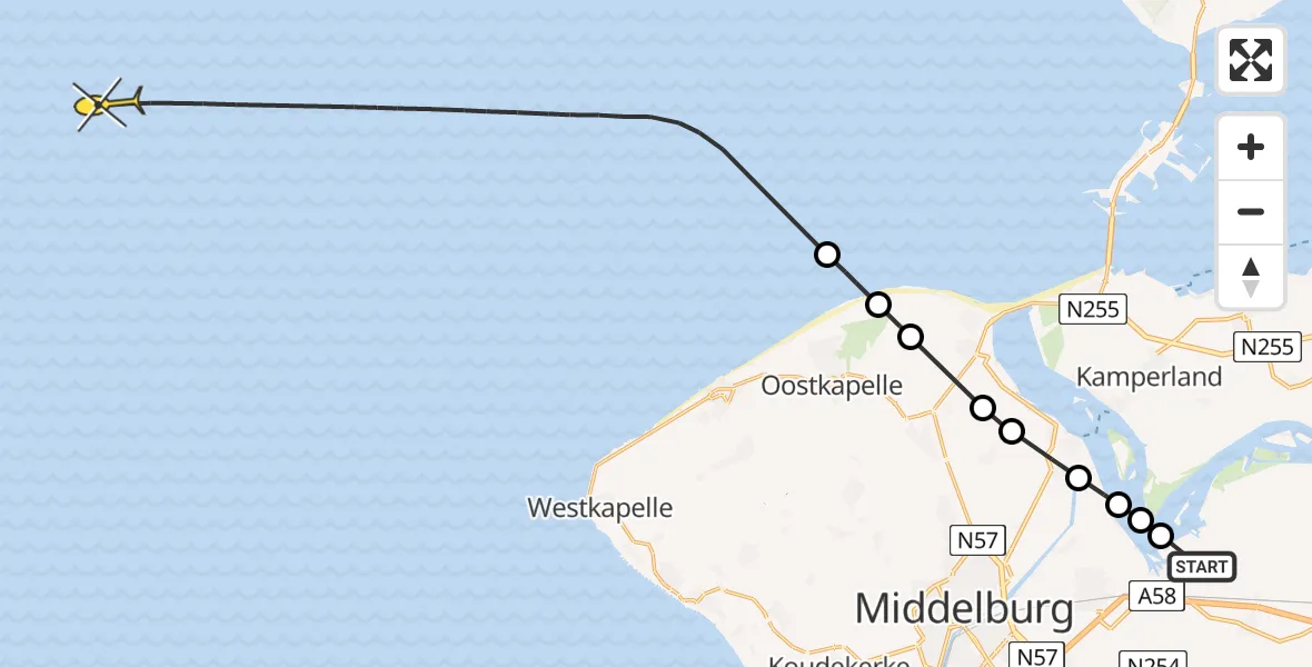 Routekaart van de vlucht: Kustwachthelikopter naar Oranjeplaatweg