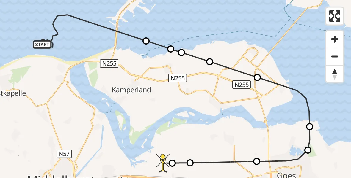 Routekaart van de vlucht: Kustwachthelikopter naar Vliegveld Midden-Zeeland, Calandweg