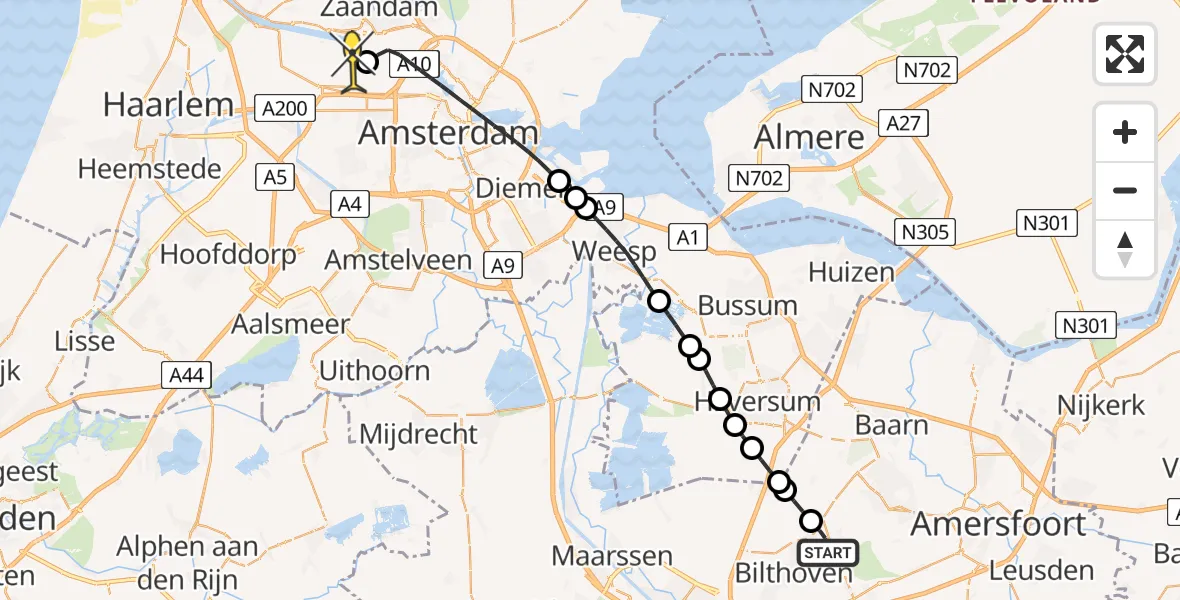 Routekaart van de vlucht: Lifeliner 1 naar Amsterdam Heliport, Soestdijkseweg Noord