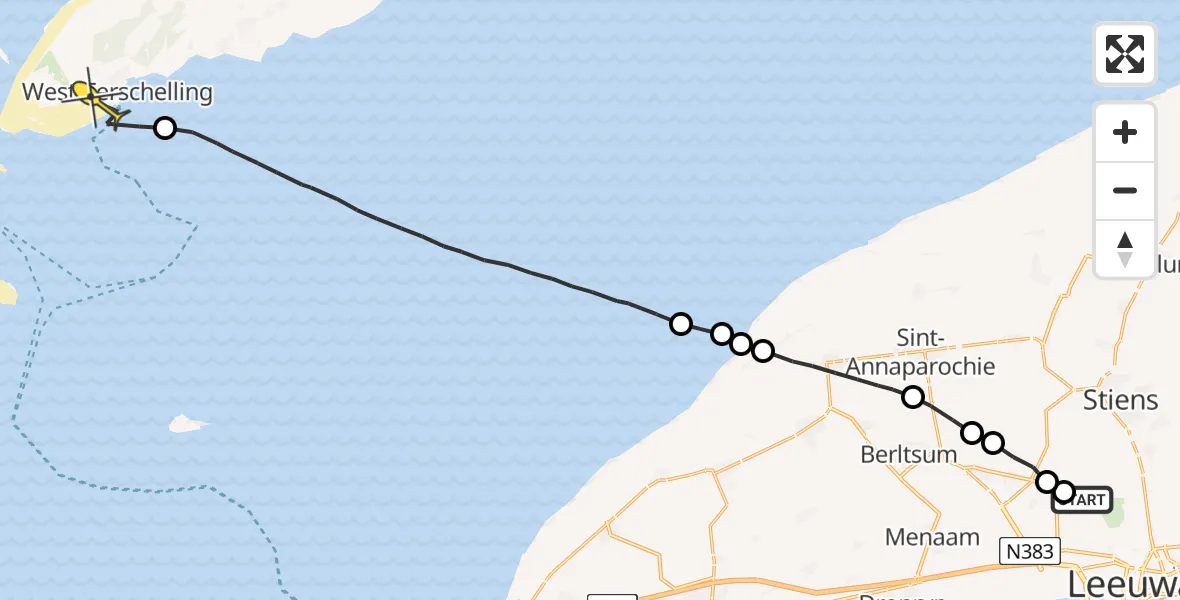 Routekaart van de vlucht: Ambulanceheli naar West-Terschelling, Dyksterhuzen