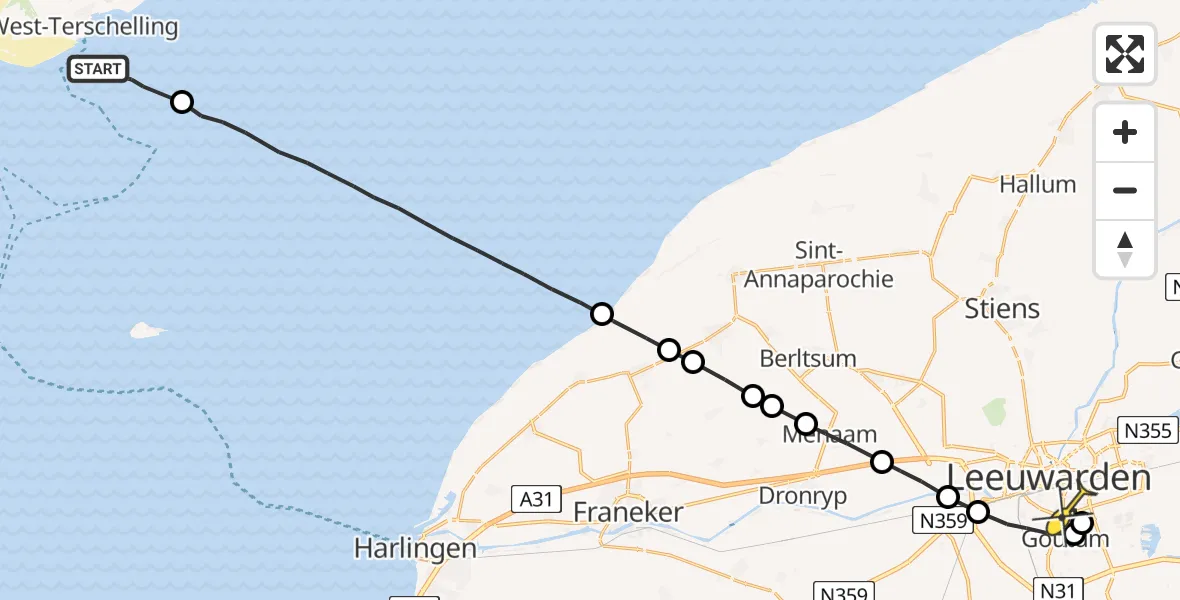 Routekaart van de vlucht: Ambulanceheli naar Leeuwarden, Groote Plaat