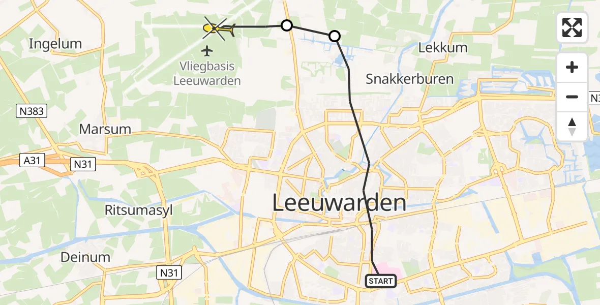 Routekaart van de vlucht: Ambulanceheli naar Vliegbasis Leeuwarden, Minnemastraat