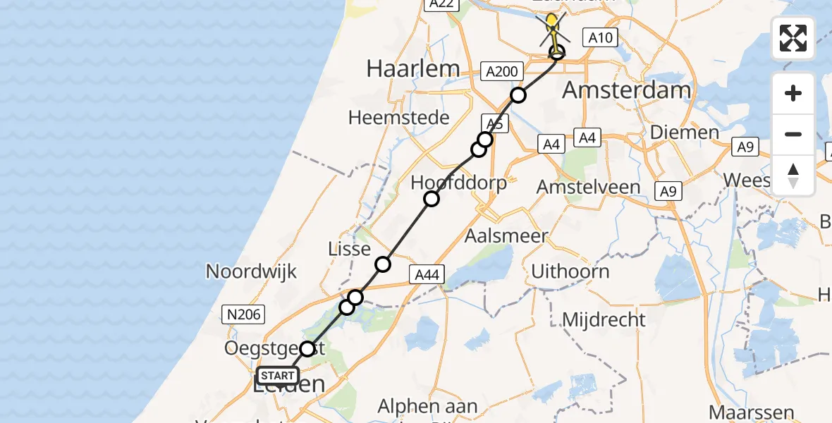 Routekaart van de vlucht: Lifeliner 1 naar Amsterdam Heliport, Haagweg