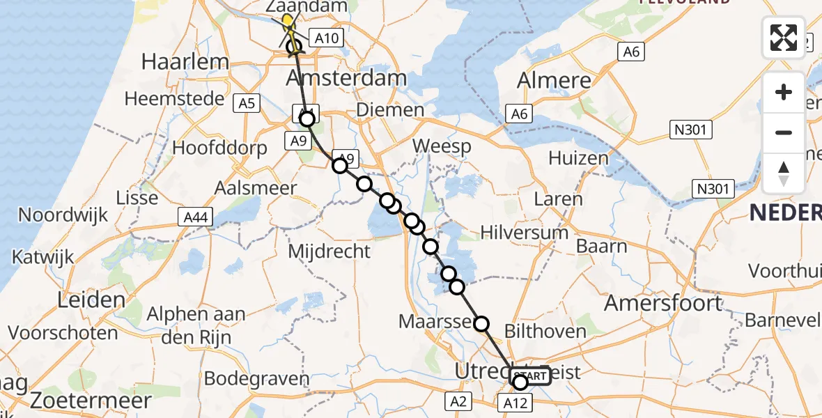 Routekaart van de vlucht: Lifeliner 1 naar Amsterdam Heliport, Hoge Bospad