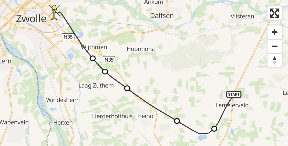 Routekaart van de vlucht: Lifeliner 4 naar Zwolle, Deventerweg