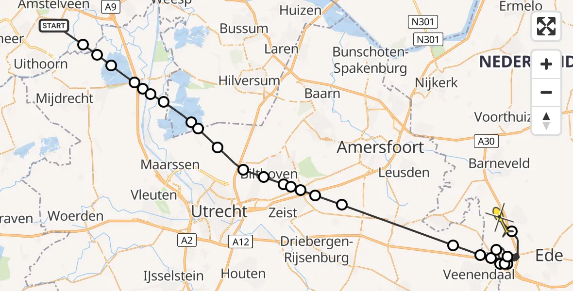 Routekaart van de vlucht: Politieheli naar Lunteren, Ringdijk BP