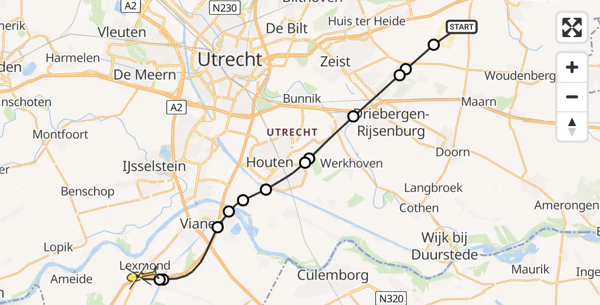 Routekaart van de vlucht: Politieheli naar Lexmond, Kolonel H.L. van Royenweg