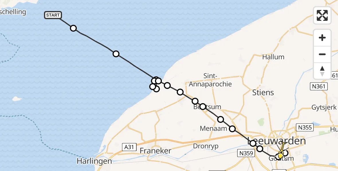Routekaart van de vlucht: Ambulanceheli naar Leeuwarden, Noorder Balgen
