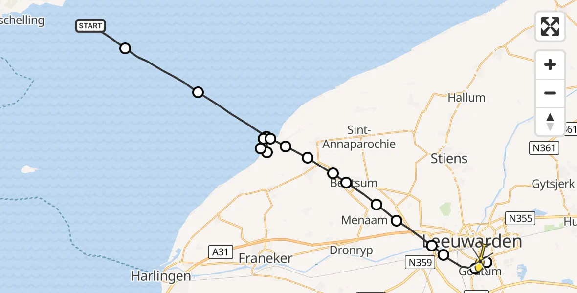 Routekaart van de vlucht: Ambulancehelikopter naar Leeuwarden, Noorder Balgen