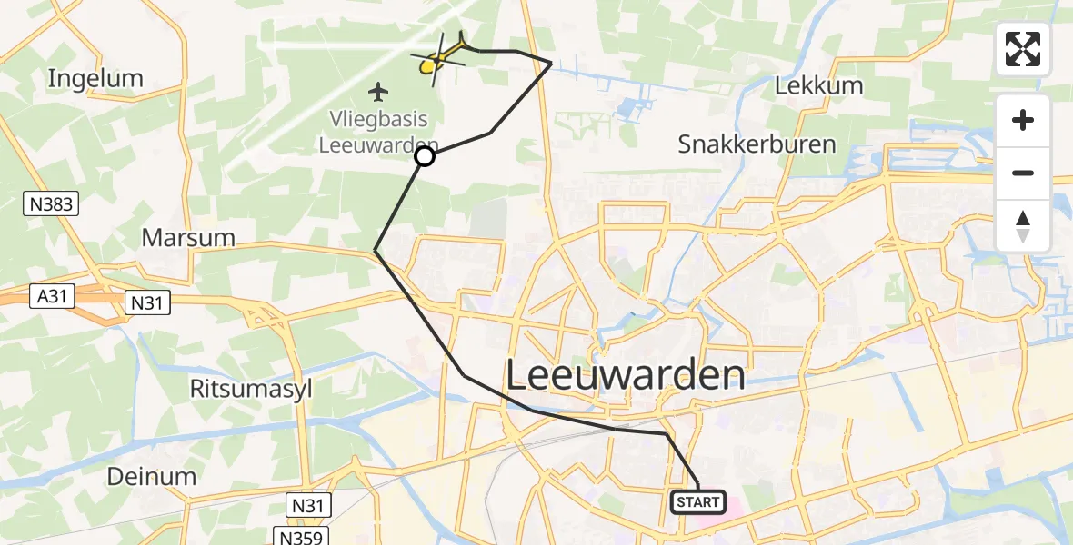 Routekaart van de vlucht: Ambulanceheli naar Vliegbasis Leeuwarden, Achter het Station