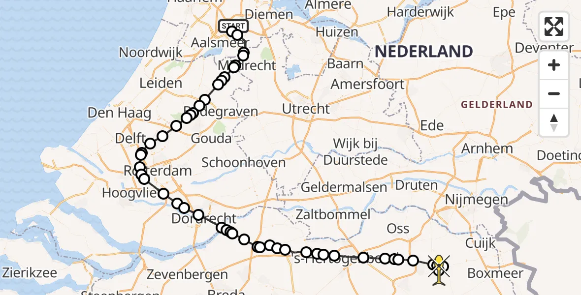 Routekaart van de vlucht: Politieheli naar Vliegbasis Volkel, Amsterdam-Bataviaweg