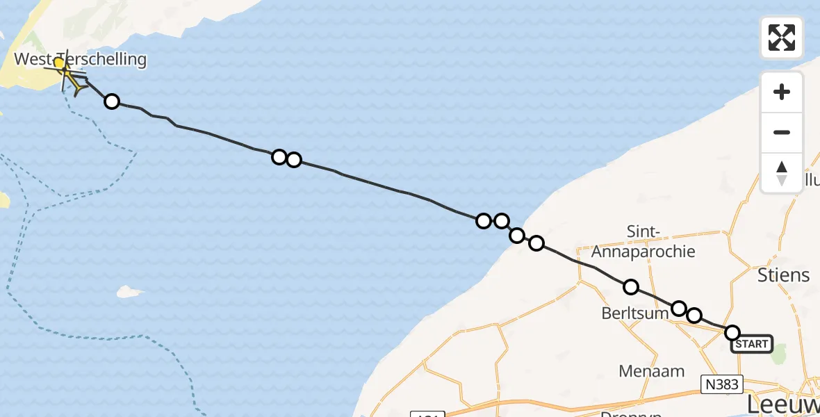 Routekaart van de vlucht: Ambulanceheli naar West-Terschelling, Dyksterhuzen