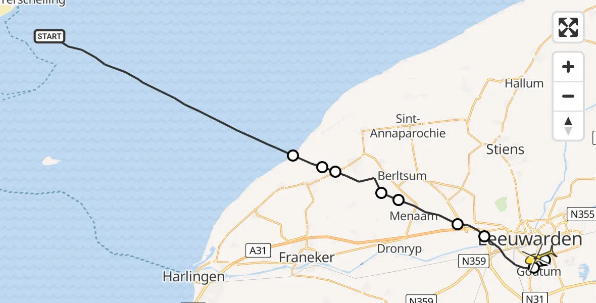 Routekaart van de vlucht: Ambulanceheli naar Leeuwarden, Aldlânsdyk