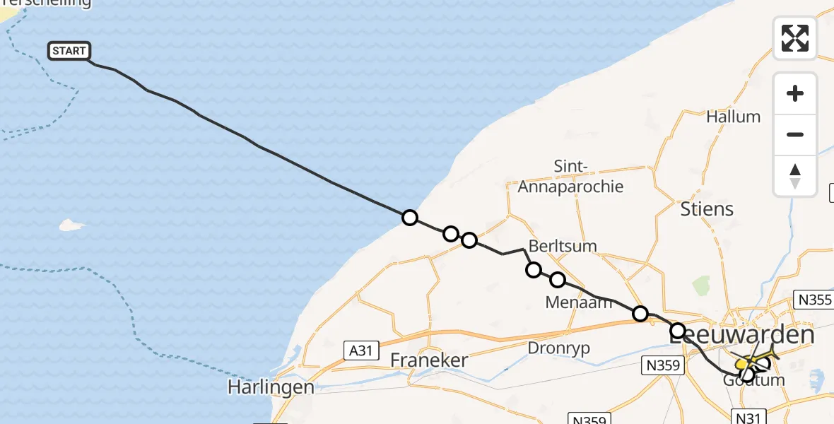 Routekaart van de vlucht: Ambulancehelikopter naar Leeuwarden, Aldlânsdyk