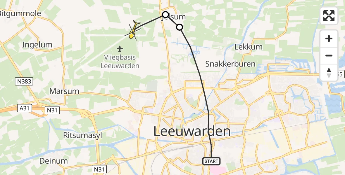 Routekaart van de vlucht: Ambulancehelikopter naar Vliegbasis Leeuwarden, Noorderweg