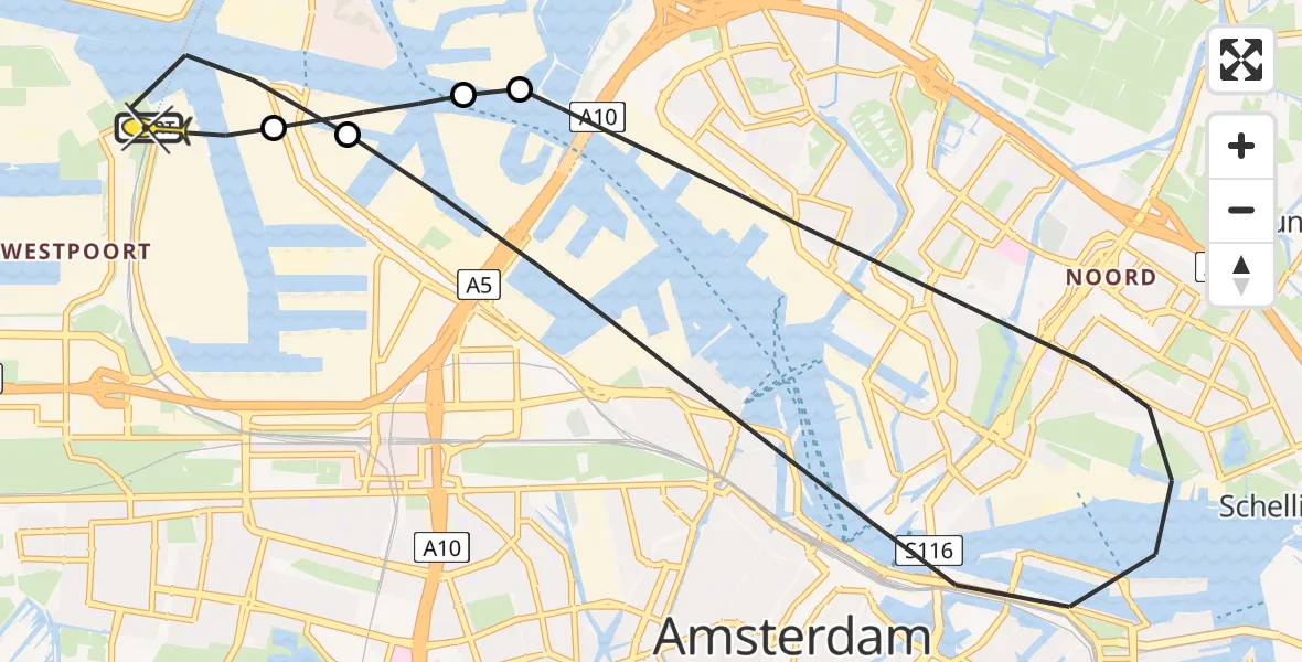 Routekaart van de vlucht: Lifeliner 1 naar Amsterdam Heliport, Hemweg