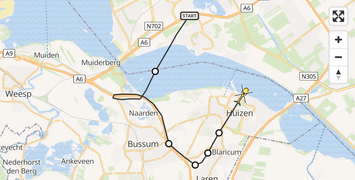 Routekaart van de vlucht: Politieheli naar Huizen, Hartenveld