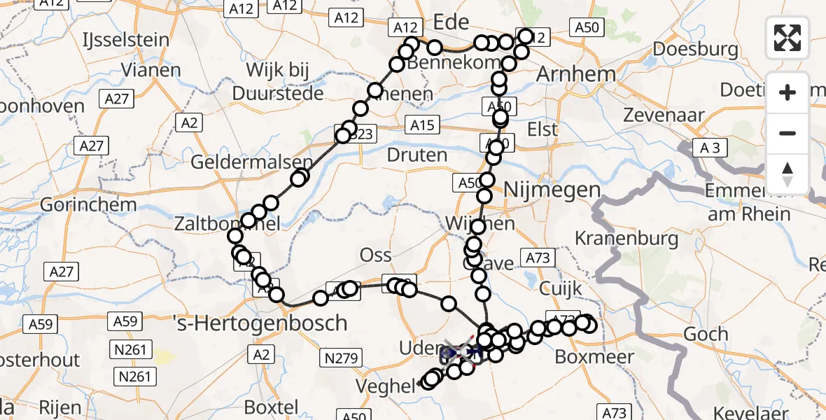 Vluchtroute Politiehelikopter van Vliegbasis Volkel naar Vliegbasis Volkel
