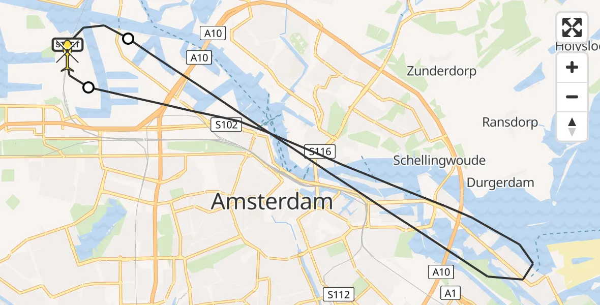 Routekaart van de vlucht: Lifeliner 1 naar Amsterdam Heliport, Hemweg