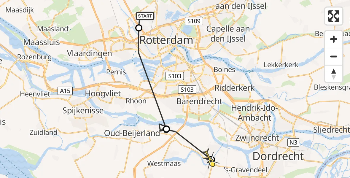 Routekaart van de vlucht: Politieheli naar Maasdam, Zestienhovensekade