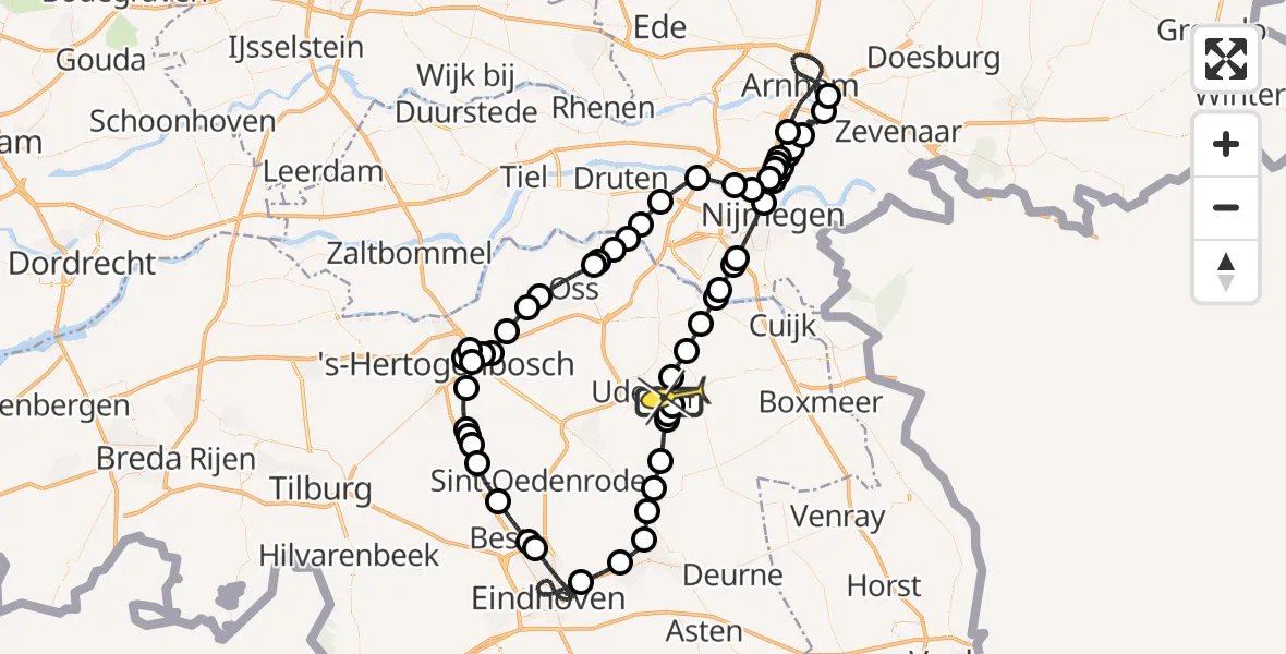 Routekaart van de vlucht: Politieheli naar Vliegbasis Volkel, Zeelandsedijk