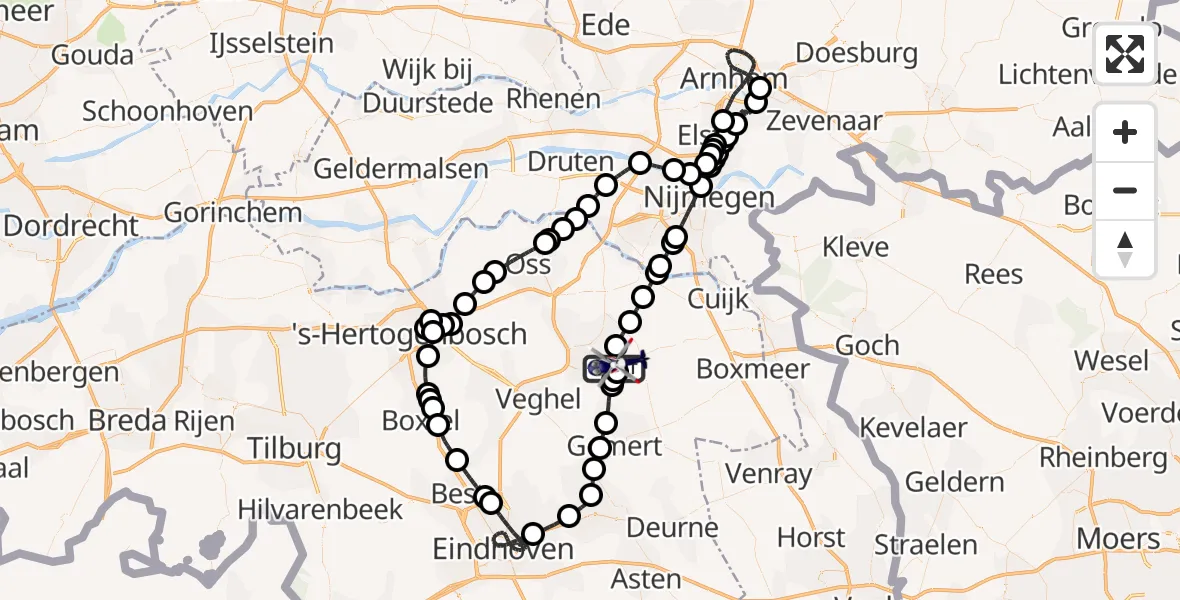 Vluchtroute Politiehelikopter van Vliegbasis Volkel naar Vliegbasis Volkel