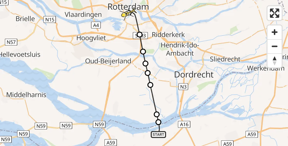 Routekaart van de vlucht: Lifeliner 2 naar Erasmus MC, Zuid Hollandsch Diep