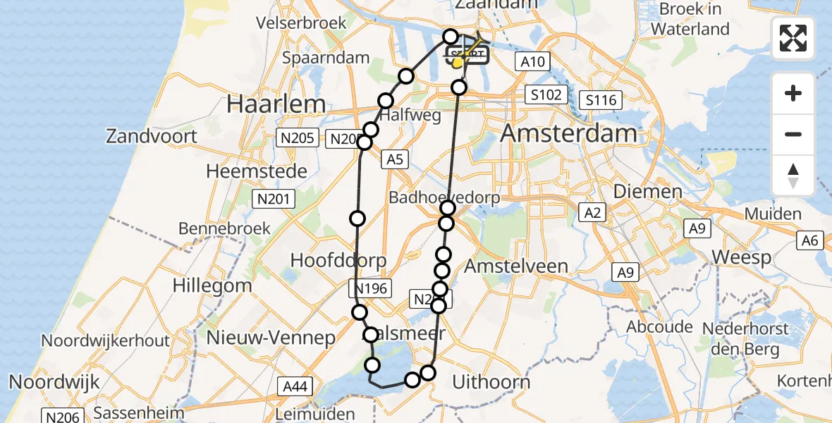 Routekaart van de vlucht: Lifeliner 1 naar Amsterdam Heliport, Nieuw-Zeelandweg