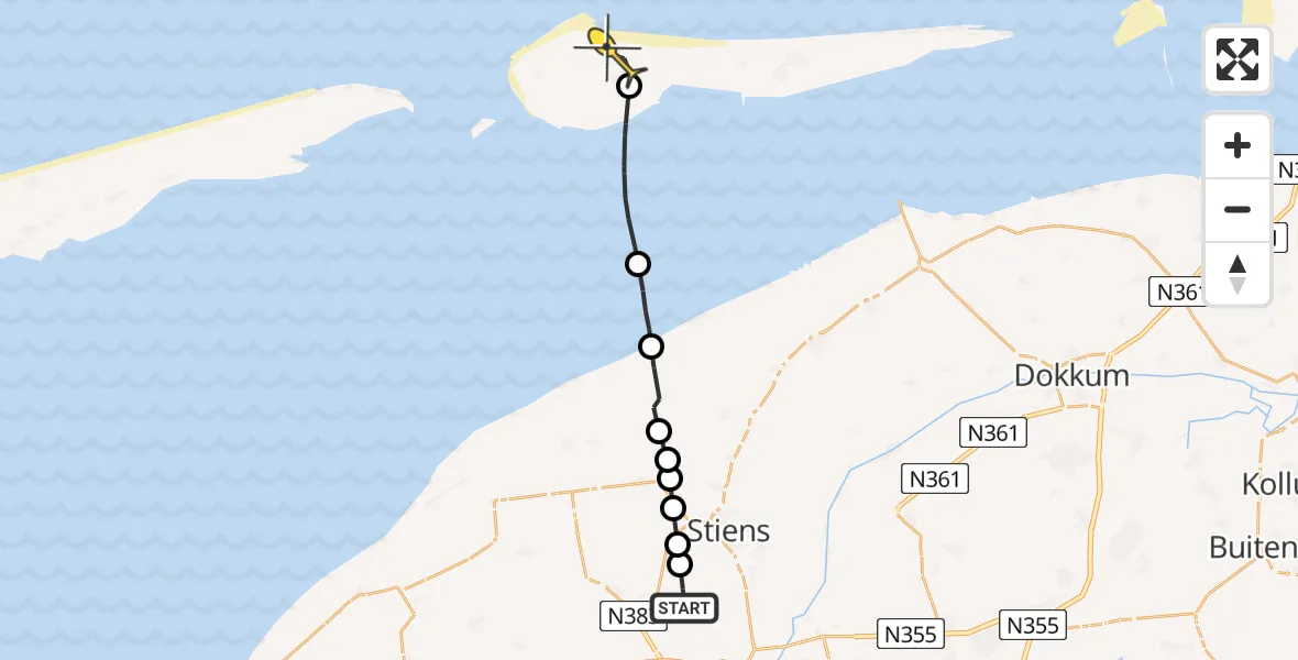 Routekaart van de vlucht: Ambulancehelikopter naar Ameland Airport Ballum, Langestraat