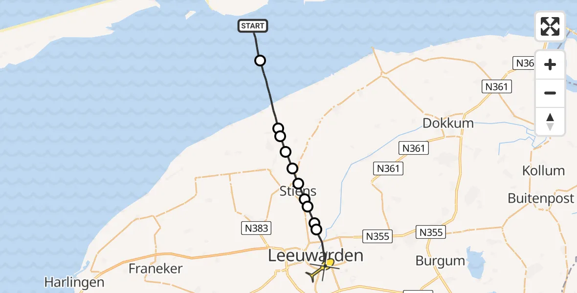 Routekaart van de vlucht: Ambulanceheli naar Leeuwarden, Robbentocht WL35 Brakzand