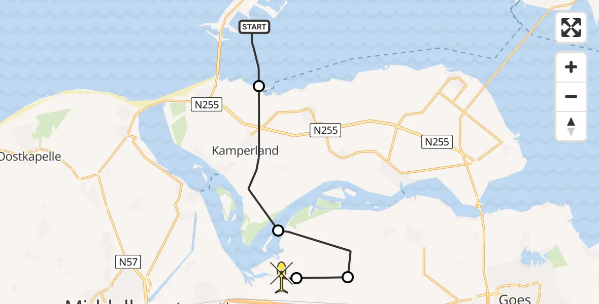 Routekaart van de vlucht: Kustwachthelikopter naar Vliegveld Midden-Zeeland, Geul naar de Betonhaven