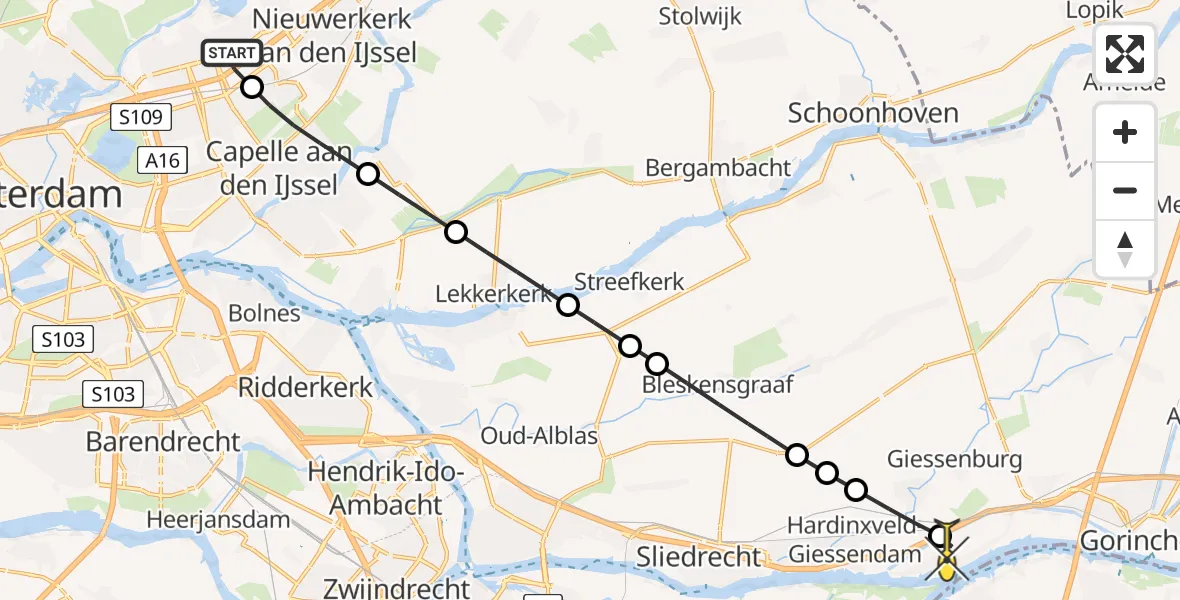 Routekaart van de vlucht: Lifeliner 2 naar Hardinxveld-Giessendam, Burgemeester Van Dijklaan