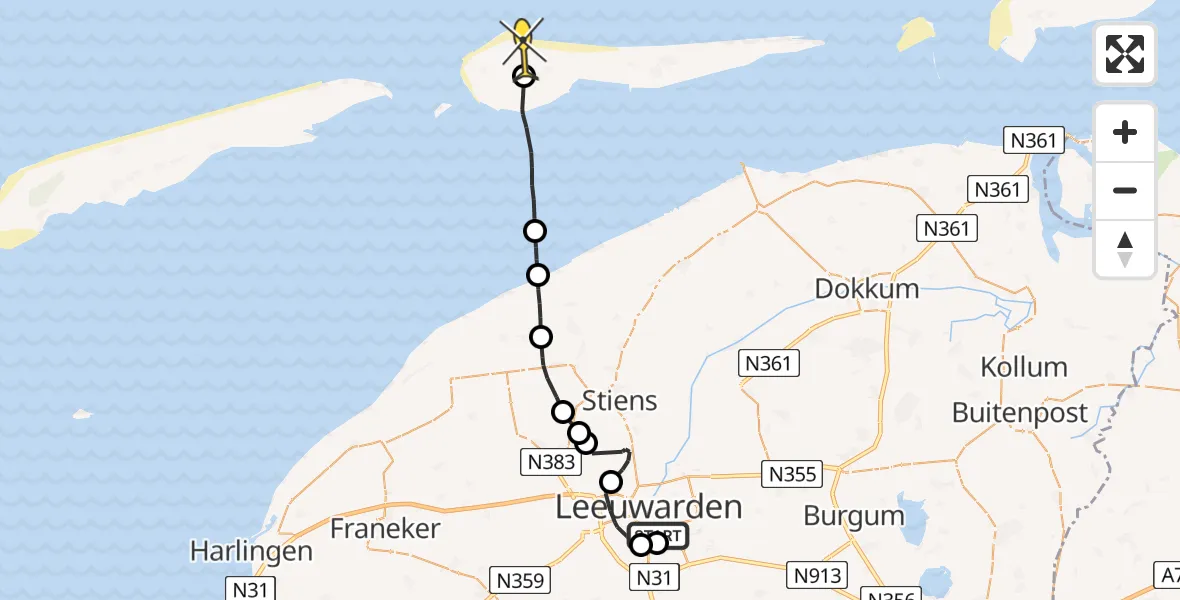 Routekaart van de vlucht: Ambulanceheli naar Ameland Airport Ballum, Brédyk